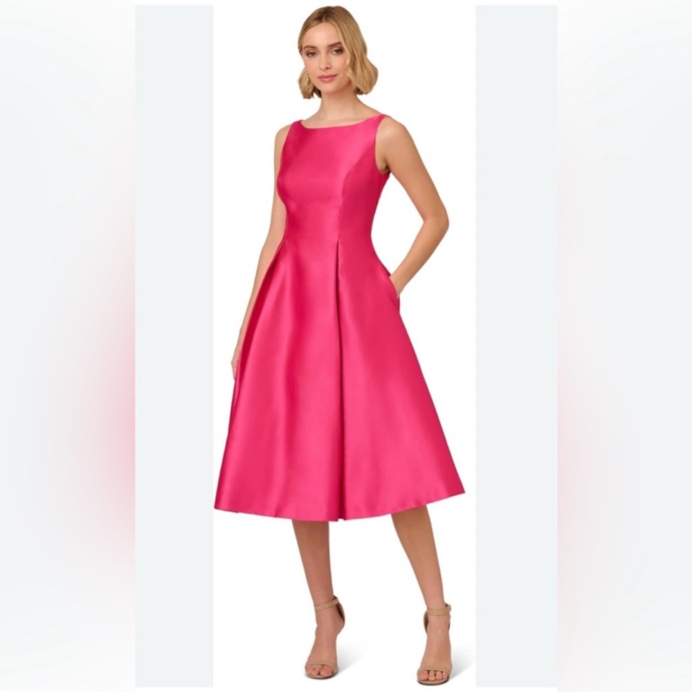 Sleeveless Mikado Fit & Flare Midi Dress With V-Back - Electric Pink - NWT - Picture 4 of 15